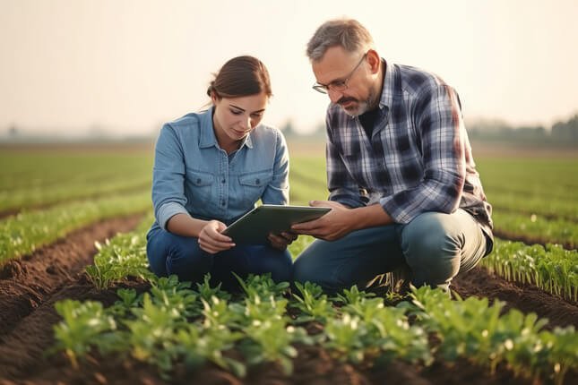 Two people looking at data on a tablet whilst in the middle of a field of crops